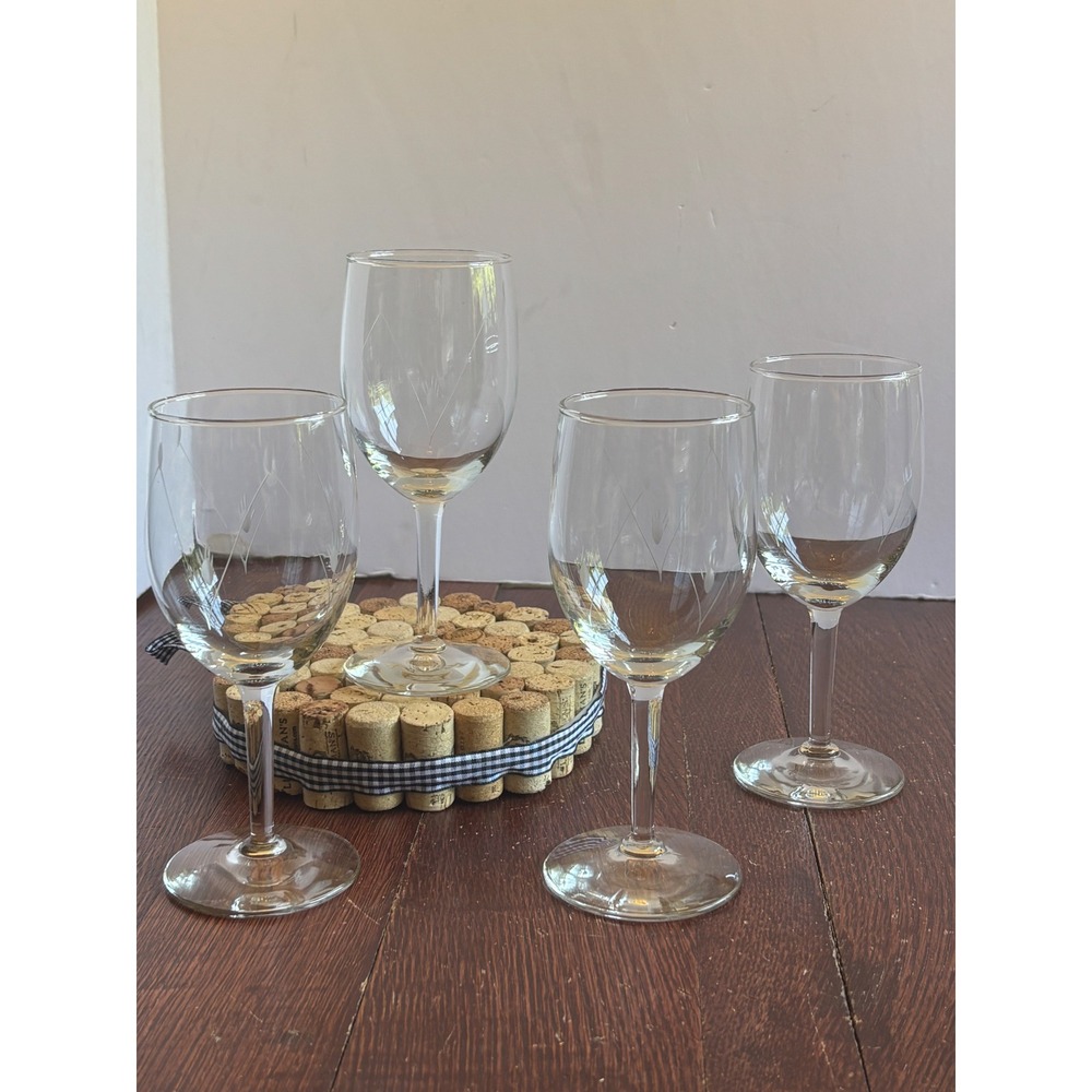 Vintage Etched Clear Glass Wine Goblets Set of 4 Floral Wheat Pattern 7 Inch